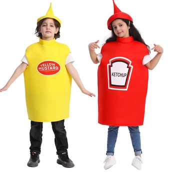Карнавалните костюми за Хелоуин, детски костюм Унисекс с кетчуп и горчица, и cosplay за момчета и момичета, Забавно туника за децата, костюмите, с шапка